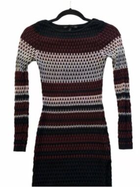 White House Black Market Striped Knit Crew Neck Dress in Burgundy, Black & Cream
